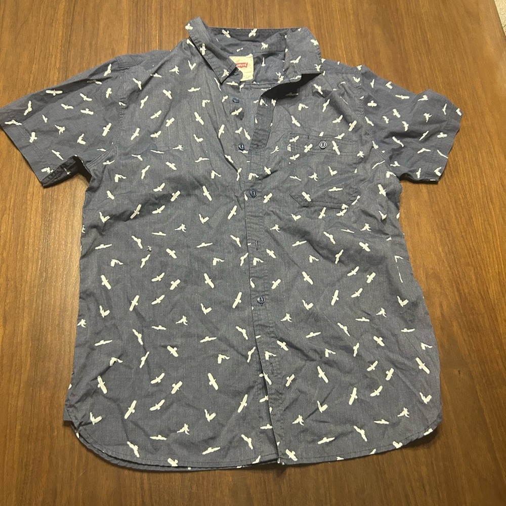 Blue Short Sleeve Shirt with Bird Print